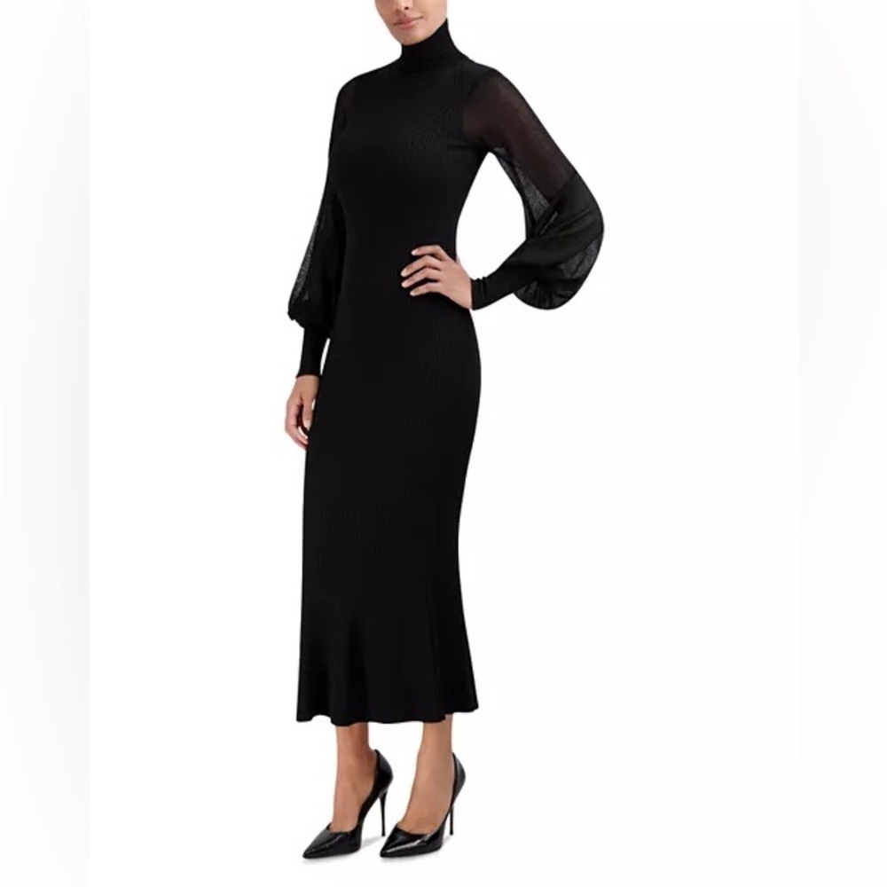 BCBGMAXAZRIA Sheer Sleeve Black Midi Sweater Dress Size XS - Picture 2 of 13